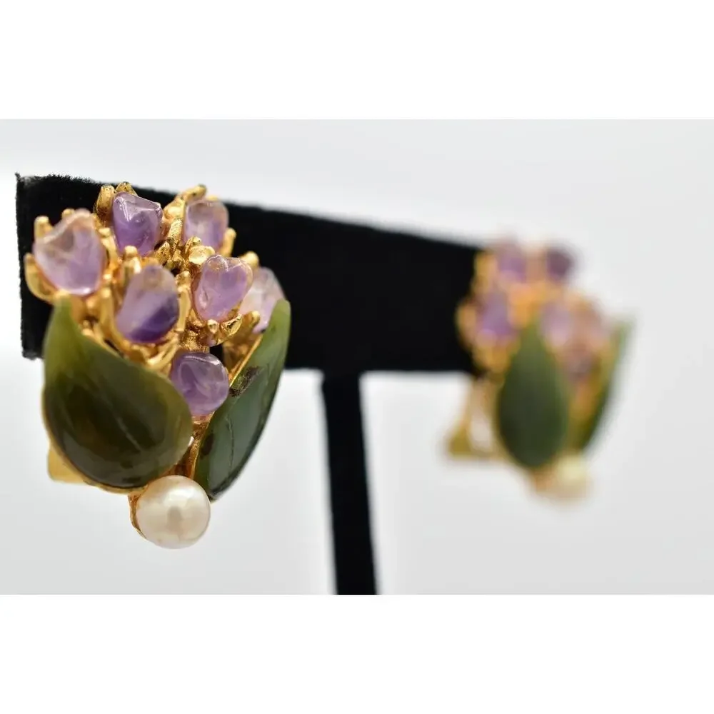 Swoboda Vintage Clip On Earrings Pearl Amethyst Jade Semi-Precious Signed 60s 9L